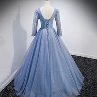 Blue tulle sequins long prom dress blue evening dress - Thumbnail 4