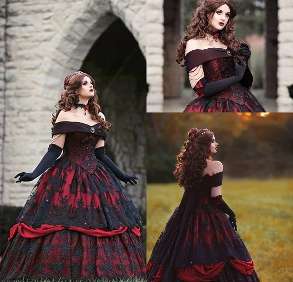 Gothic Belle Red Black Lace Wedding Dresses Vintage Lace-up Corset Steampunk Sleeping Beauty Off Shoulder Plus Size Bridal Gown sold by BD Wedding Dress on Storenvy Gothic Belle Red Black Lace Wedding Dresses Vintage Lace-up Corset Steampunk Sleeping Beauty Off Shoulder Plus Size Bridal Gown sold by BD Wedding Dress on Storenvy