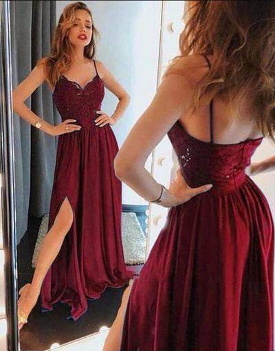 Sexy burgundy evening dress with split, long prom dresses