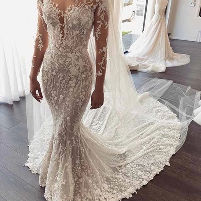 Romantic mermaid sheer neck long sleeves ivory lace wedding dresses，1231 - Thumbnail 1