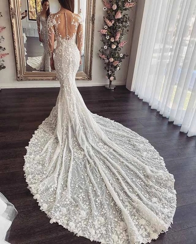 Romantic Mermaid Sheer Neck Long Sleeves Ivory Lace Wedding Dresses，1231