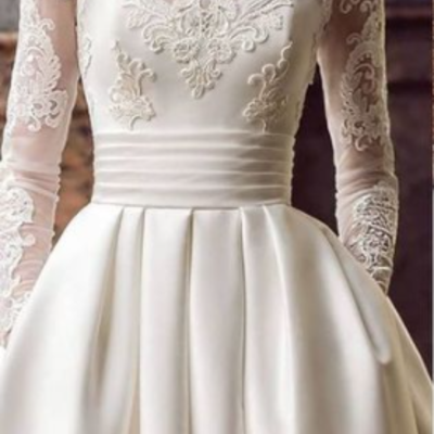 Gorgeous a-line long sleeves ivory satin wedding dress with appliques，1234 - Thumbnail 3
