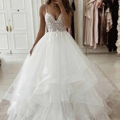 Ball gown v neck spaghetti straps white tulle lace wedding dresses,1235 - Thumbnail 3