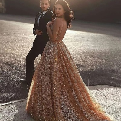 Ball gown gold prom dress,charming backless evening dress,prom dresses,1244