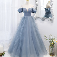 Blue tulle long prom dress blue evening dress - Thumbnail 4