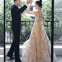 Stylish tulle lace long prom dress A line evening dress - Thumbnail 4