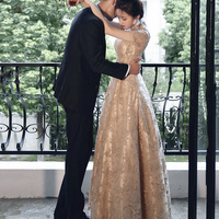 Stylish tulle lace long prom dress A line evening dress - Thumbnail 5