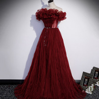 Burgundy tulle long prom dress burgundy evening dress - Thumbnail 2