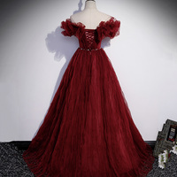 Burgundy tulle long prom dress burgundy evening dress - Thumbnail 3