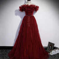 Burgundy tulle long prom dress burgundy evening dress - Thumbnail 5