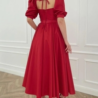 Stunning A-Line Sweetheart Half Sleeve Red Satin Ankle Length Prom Evening Dresses with Split - Thumbnail 1