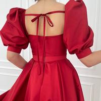 Stunning A-Line Sweetheart Half Sleeve Red Satin Ankle Length Prom Evening Dresses with Split - Thumbnail 2