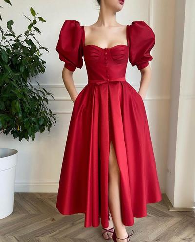 Stunning A-Line Sweetheart Half Sleeve Red Satin Ankle Length Prom Evening Dresses with Split