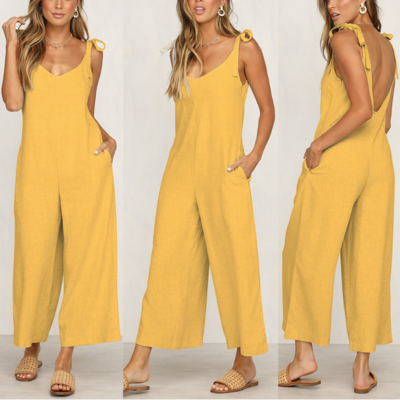 Women's backless solid color loose jumpsuit - Thumbnail 5
