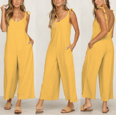 Women'S Backless Solid Color Loose Jumpsuit