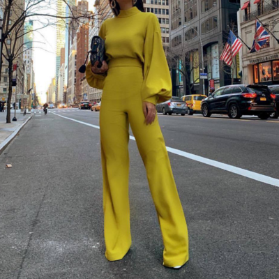 Solid color high neck open back long sleeve casual jumpsuit - Thumbnail 3
