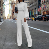 Solid Color High Neck Open Back Long Sleeve Casual Jumpsuit - Thumbnail 2