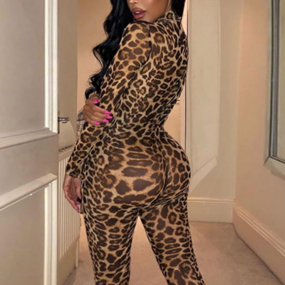 Round neck long sleeve leopard print jumpsuit