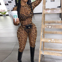 Round Neck Long Sleeve Leopard Print Jumpsuit - Thumbnail 3