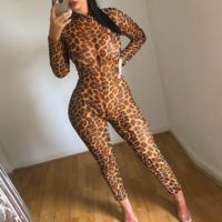 Round Neck Long Sleeve Leopard Print Jumpsuit - Thumbnail 2