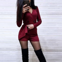 Slim Solid Color Button V-Neck Jumpsuit - Thumbnail 2