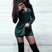 Slim Solid Color Button V-Neck Jumpsuit - Thumbnail 3