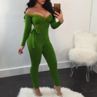 Sexy V-Neck High Waist Off-Shoulder Jumpsuit - Thumbnail 2