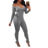 Sexy V-Neck High Waist Off-Shoulder Jumpsuit - Thumbnail 3