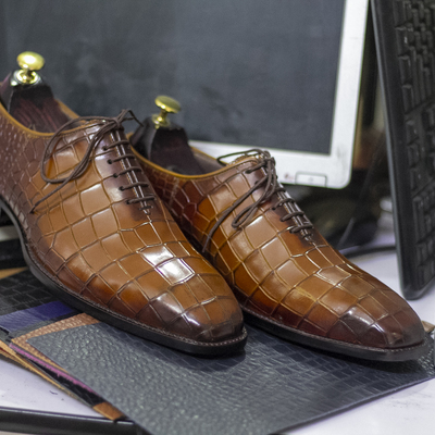 Handmade tan monk alligator shoes, men dress alligator shoes - Thumbnail 1