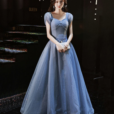 Blue tulle long prom dress blue evening dress