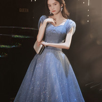 Blue tulle long prom dress blue evening dress - Thumbnail 1