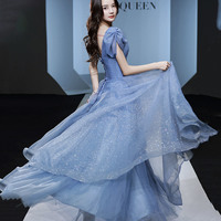 Blue tulle long prom dress blue evening dress - Thumbnail 3