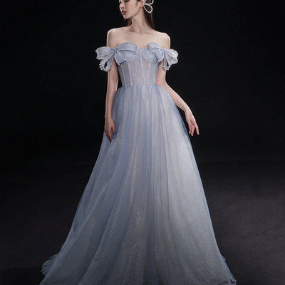 Blue tulle long a line prom dress blue evening dress