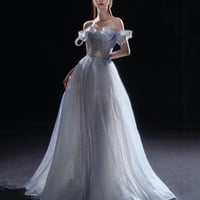 Blue tulle long A line prom dress blue evening dress - Thumbnail 1