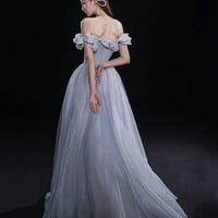 Blue tulle long A line prom dress blue evening dress - Thumbnail 3