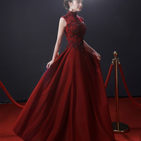 Red high neck beads long prom dress A line evening dress - Thumbnail 1