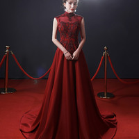 Red high neck beads long prom dress A line evening dress - Thumbnail 2