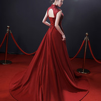 Red high neck beads long prom dress A line evening dress - Thumbnail 3