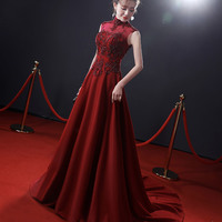 Red high neck beads long prom dress A line evening dress - Thumbnail 4
