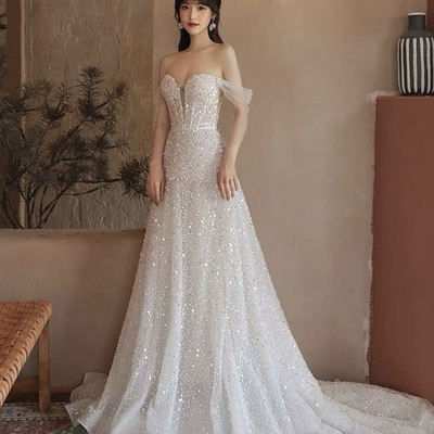 White tulle beads long prom dress white evening dress - Thumbnail 3