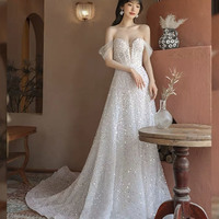 White tulle beads long prom dress white evening dress - Thumbnail 2