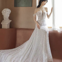 White tulle beads long prom dress white evening dress - Thumbnail 3