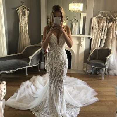 Mermaid v neck white wedding dress,beaded lace bride dresses with train,668 - Thumbnail 3