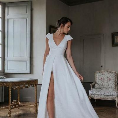 Vintage cap sleeve a-line cross back satin wedding dresses - Thumbnail 1