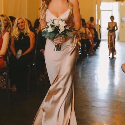 Light champagne silk satin long prom/bridesmaid dresses with front slit - Thumbnail 2