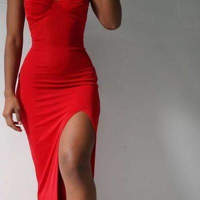 Floor length sweetheart red satin long evening dresses with slit - Thumbnail 1