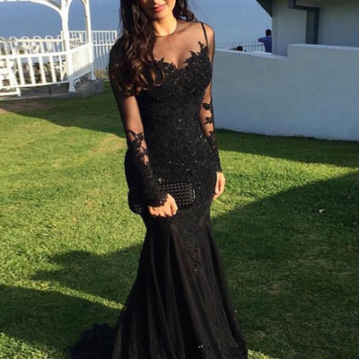 Black prom dress,trumpet/mermaid scoop chiffon floor-length long sleeve prom dress handmade evening gown dress,678 - Thumbnail 2