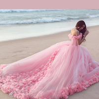 A-line Prom Dress,2022 Pink Off-the-shoulder Floor-length Tulle Custom Party Dresses,679 - Thumbnail 1