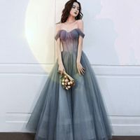 Gray Tulle Long A Line Ball Gown Gray Evening Gown - Thumbnail 1