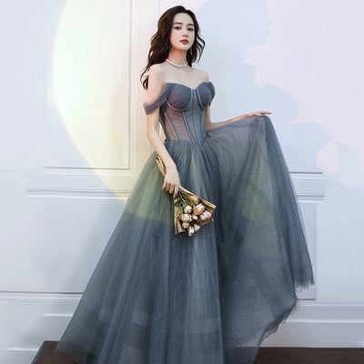Gray tulle long a line ball gown gray evening gown - Thumbnail 3